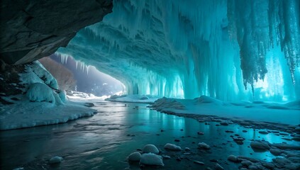 Frozen Waterfall Cave with Reflecting Ice Pool ice cave