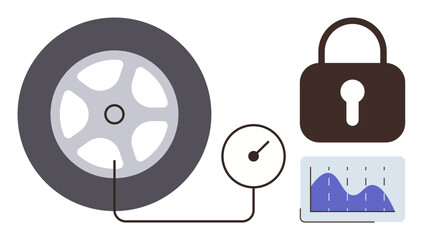 Car tire connected to pressure gauge, security lock, and graph. Ideal for safety, diagnostics, analytics, maintenance, protection vehicle monitoring data analysis. Clear and simple flat metaphor