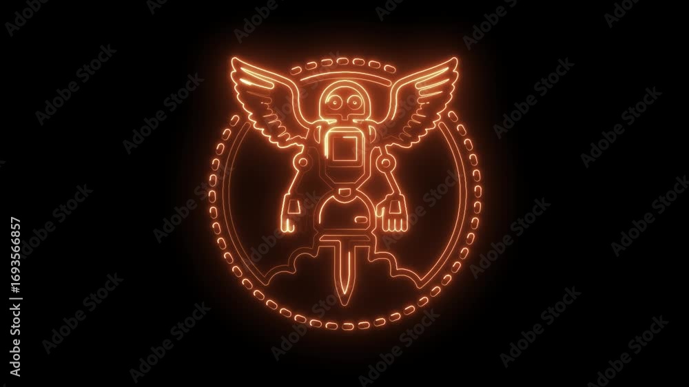 Poster glowing animated robot emblem with wings and sword on dark background video