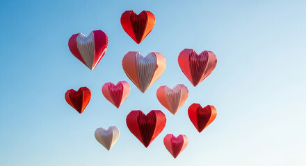 Origami heart-shaped balloons floating in a clear blue sky