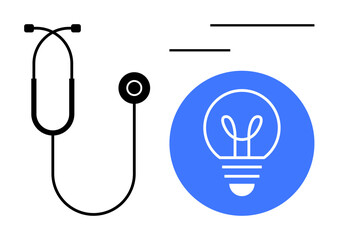Stethoscope next to a light bulb symbolizing medical care and innovative ideas. Ideal for healthcare, science, creativity, research, medical breakthroughs, innovation, simple landing page