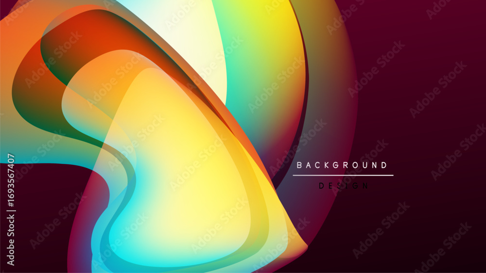 Poster abstract colorful layers overlap, creating dynamic flow. vivid gradients blend into dark background.