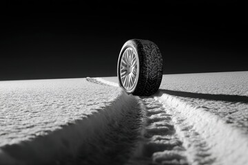 Close-up of a car tire leaving tracks in fresh snow under dramatic lighting
