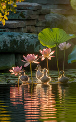 Pink lily in the pond