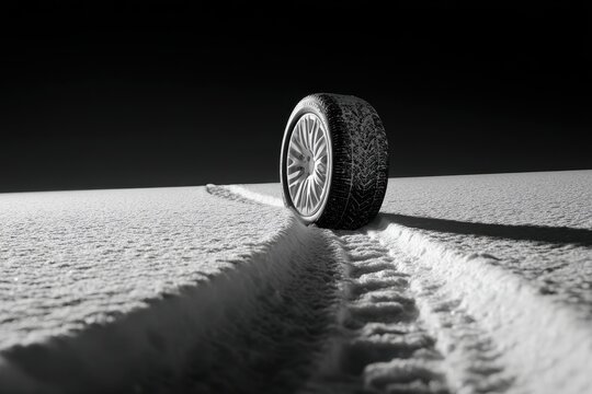 Close-up of a car tire leaving tracks in fresh snow under dramatic lighting