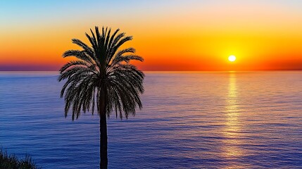 Beautiful sunset over the ocean with a lone palm tree in silhouette