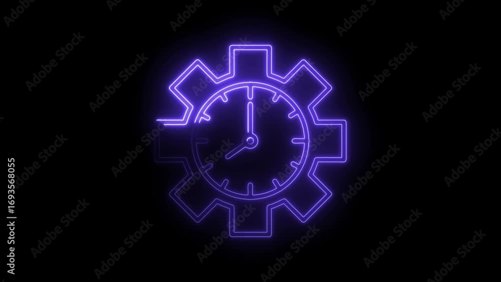 Aufkleber neon clock inside gear animation on black background for productivity and efficiency concepts