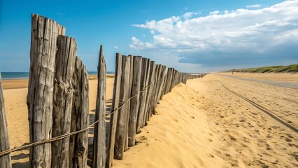 a wooden fence lines a sandy beach under blue sky