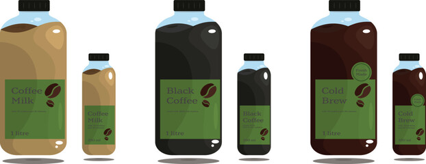 coffee bottle vector flat design illustration collection concept with green label template design isolated. cold brew, coffee milk and black coffee.