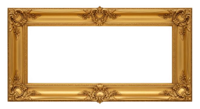 Ornate gold picture frame with elaborate scrollwork and decorative corners