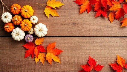Fototapeta premium Autumn harvest of mini pumpkins and colorful fall leaves on a rustic wooden background