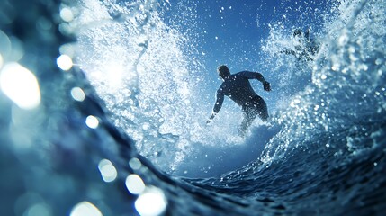 Surfer Riding a Wave Underwater View of Watersport Adventure