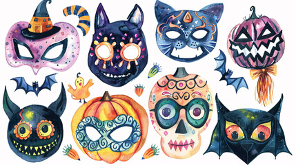 Naklejka premium Masks and decorations in watercolor, Halloween theme.