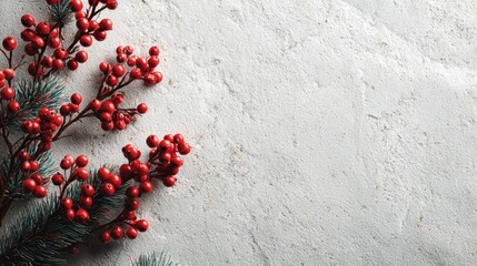 Holiday serenity: natural elements on a crisp canvas. Studio portrait. Simplistic holiday display: spruce branches and red berries on white. Commercial image. Premium quality.