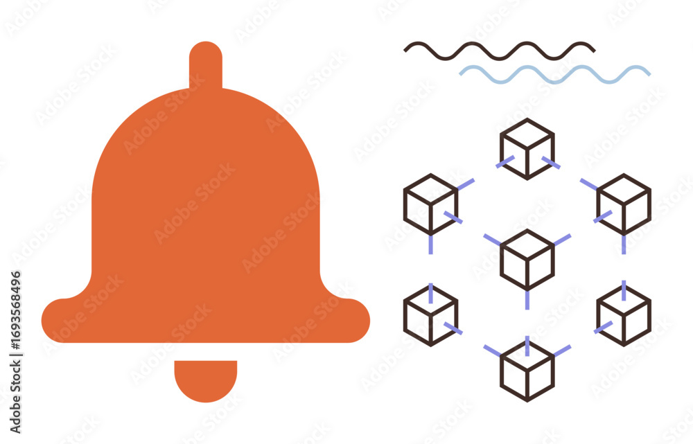 Aufkleber orange bell symbolizes notification alongside interconnected cubes depicting blockchain. wavy lines 