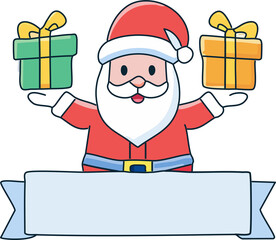 Cute vector illustration of Santa Claus holding gifts, cozy cartoon style, with blank banner area for text. minimal
