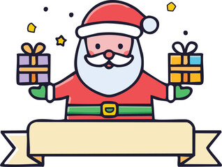 Cute vector illustration of Santa Claus holding gifts, cozy cartoon style, with blank banner area for text. minimal