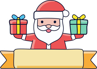 Cute vector illustration of Santa Claus holding gifts, cozy cartoon style, with blank banner area for text. minimal