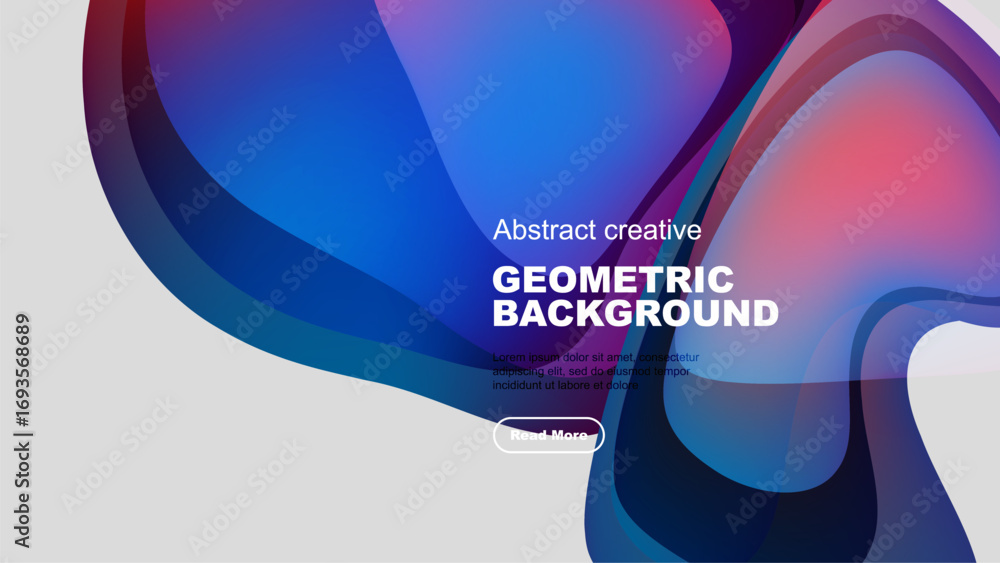 Poster abstract geometric background features vibrant overlapping shapes. blue, red, white colors create dy