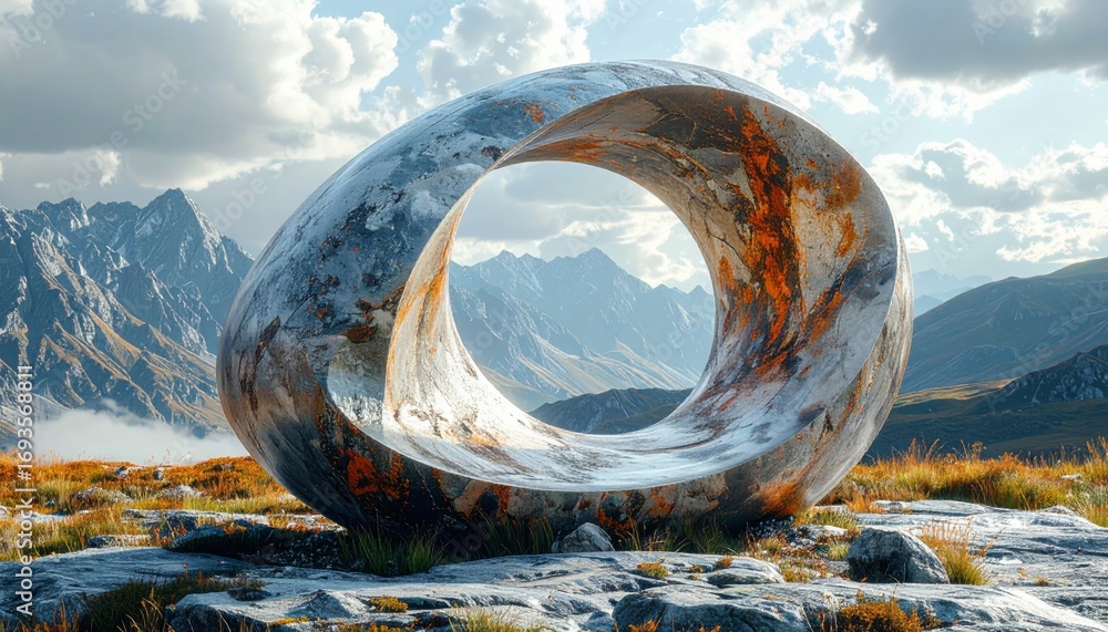 Poster blue 3d globe with a view of snow-covered mountains in winter with clouds from space