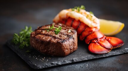 Juicy grilled steak with lobster tail and lemon wedge served on a dark slate plate for fine dining gourmet meal presentation