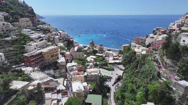 Amalfi Coast At Positano In Salerno Italy. Beach Landscape. Tourism Landmark. Amalfi Coast At Positano In Salerno Italy. Gulf Of Salerno Skyline. Coastal Cityscape. Mediterranean Sea.
