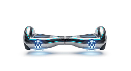 Sleek electric personal mobility device with glowing blue lights, representing futuristic urban transportation and modern recreational fun, isolated on a clean white background