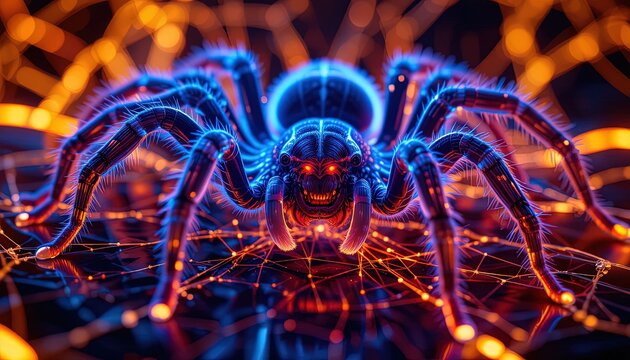 A close-up view of a menacing, bio-mechanical spider, illuminated by vibrant neon blue and orange lights, highlighting intricate details and a sinister presence.