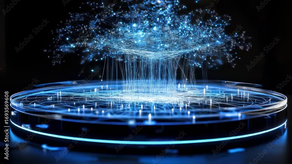 Aufkleber futuristic digital interface: abstract glowing data stream on display platform background