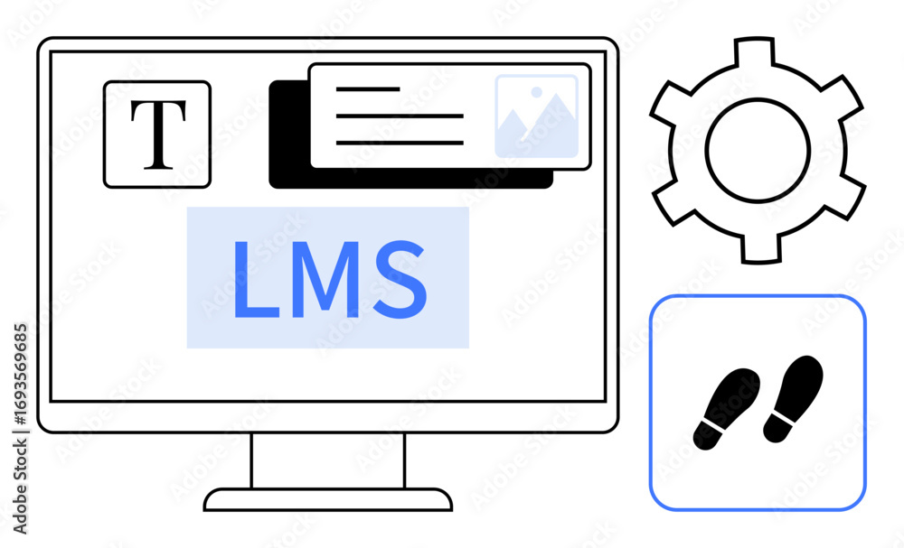 Poster computer screen with lms text, gear for settings, content icons, progress tracking steps. ideal for 
