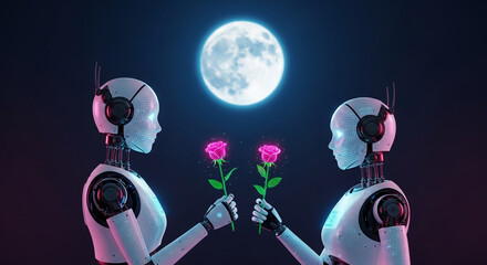 Fototapeta premium Two robots exchanging digital roses under a neon moon