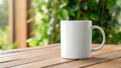 a white mug sits on wooden table near green plants