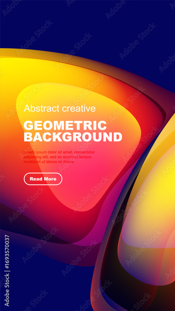 Poster vibrant abstract design. overlapping shapes create dynamic geometric background with text, button. m