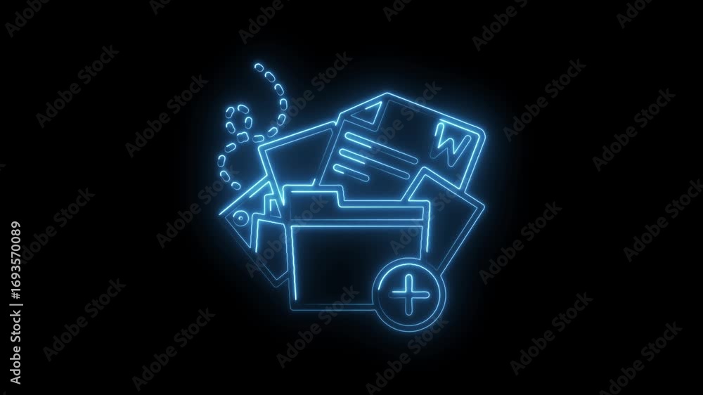 Poster add new documents to file data archive with glowing neon line animation