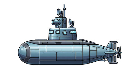 Stylized blue military submarine with a conning tower and propeller. A detailed vector art illustration of an underwater naval vessel