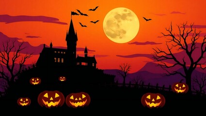 Spooky halloween night with a haunted castle full moon and jack o lanterns