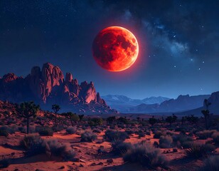 Blood moon desert landscape at night starry sky red moon nature photography