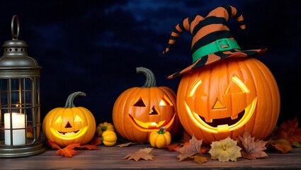 Jack o lanterns and lantern with autumn leaves for halloween