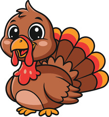 Adorable cartoon turkey with colorful feathers isolated on a white background