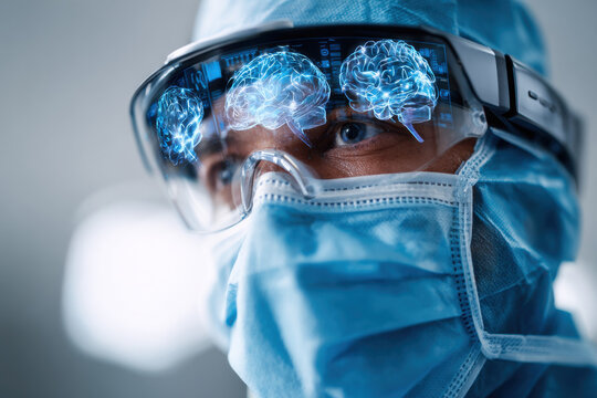 A surgeon using holographic brain scans during operation