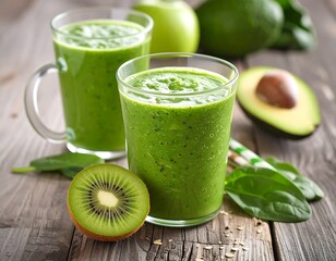 Green smoothie ingredients on a wooden surface