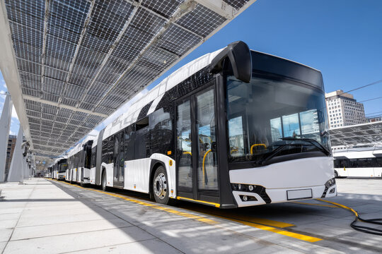 Fototapeta Electric buses charging at city station with solar roof