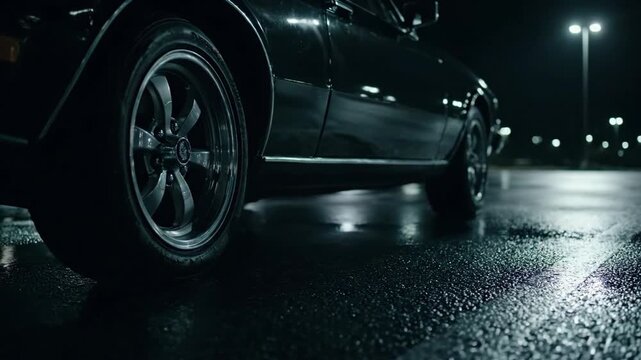 Close-up of a black classic car on a wet, dark parking lot at night.