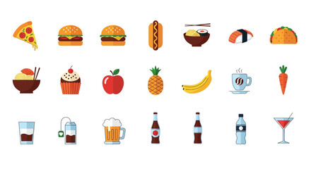 Colorful flat design icon set of various foods and drinks, including fast food, fruits, and beverages.
