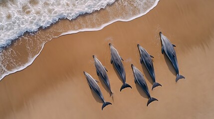 Dolphins Lined Up on Sandy Shoreline from Above
