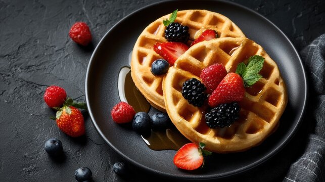 Delicious golden brown Beian waffles topped with fresh mixed berries and mint leaves served on a black plate with scattered berries on dark background