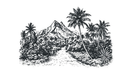 Tropical mountain landscape with palm trees and winding path sketch. Vector hand drawn illustration