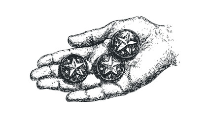 Hand holding three star emblems. Vector hand drawn illustration