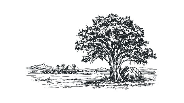 Sketch of a lone acacia tree on a plain with distant mountains and thatched huts. Vector hand drawn illustration