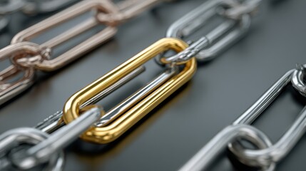 Obraz premium Close-up of a strong, shiny gold link connecting a silver chain on a dark background